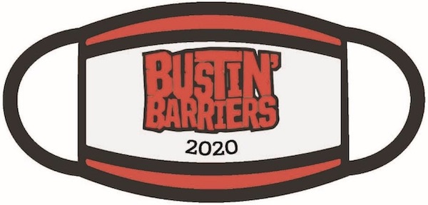 Bustin Barriers logo on a face mask graphic